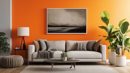 Picture fame mockup on an orange wall in a contemporary living room, transparent wall art mock-up