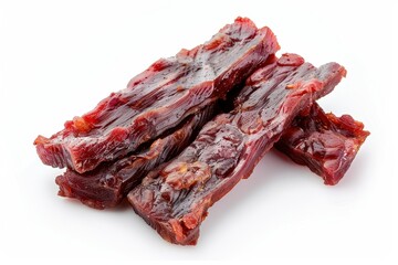 Poster - Beef jerky on white background top view Cured and dried meat