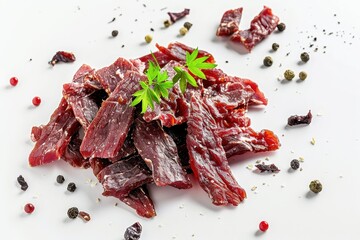 Poster - Beef jerky slices on white background Dried meat portion