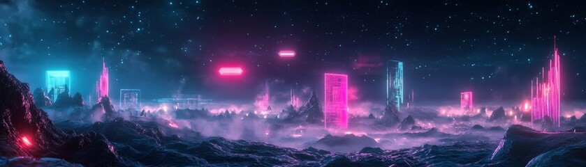 Wall Mural - Futuristic Holographic Opportunity Signs in Vibrant Sci-Fi Landscape - 3D Render Illustration