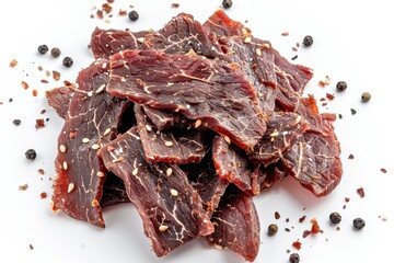 Beef jerky viewed from above on white background Chewy and tasty