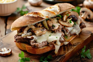 Wall Mural - Beef steak sandwich with onions mushrooms melted provolone cheese on ciabatta