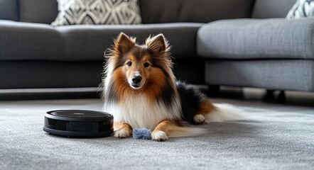 Wall Mural - A dog is laying on the floor next to a robot vacuum