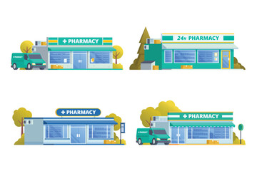 Canvas Print - Vector illustration element of pharmacy store building, drugs shop flat design style