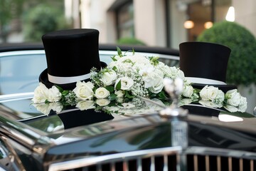 Poster - Black and white top hat wedding car decor