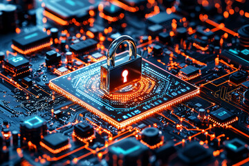 Wall Mural - digital pad lock icon with electronic circuit board. security and protection data technology backgro