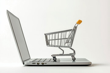 Online shopping e-commerce and customer experience concept. Cute Shopping cart on a laptop keyboard, depict shopper consumers buy or purchase goods and services at home or office