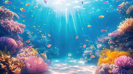 Wall Mural - Bright, colorful, vibrant, and simple scene under the sea. Generative AI.