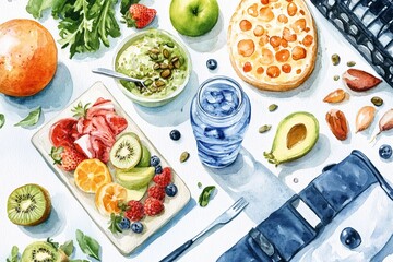 Poster - A painting of a table with a variety of fruits and vegetables, including apples