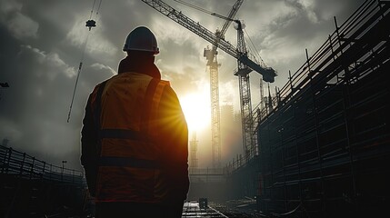 Aufkleber - A lone worker stands in the shadow of a towering tower crane at site. Generative AI.