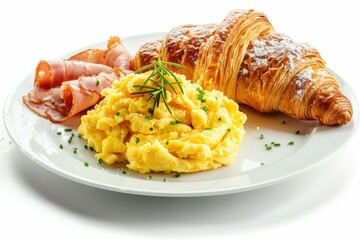 Sticker - Breakfast croissant with ham cheese and scrambled eggs on white background