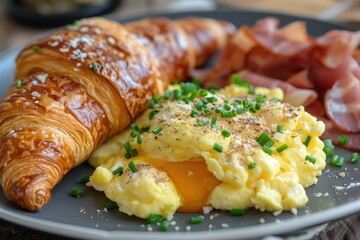 Poster - Breakfast with ham and cheese scrambled eggs on a croissant