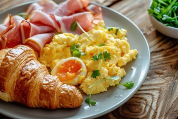 Wall Mural - Breakfast with scrambled eggs and croissant