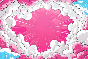 Poster - Pink and white comic book explosion background with white radial lines.