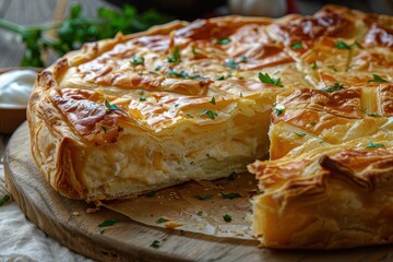 Wall Mural - Bulgarian cheese pie on wooden background