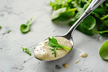 Poster - Caesar salad sauce on a spoon on a light background