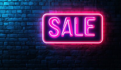 Bright neon sign with SALE text on a dark brick wall background