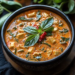 Wall Mural - Thai Red Curry simmering in a clay pot, with fresh Thai basil and chili garnishes, rich and aromatic, Thai curry, slowcooked flavors