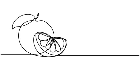 Continuous one line drawing of Orange Fruit with leaf. slice of orange fruit hand drawn single line art vector illustration, Continuous Line Drawing Of Lemon Fruit Branch with Leaves Black Sketch