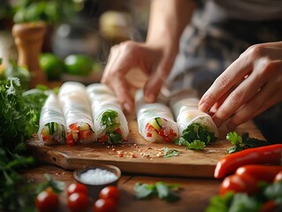 Hands preparing Thai spring rolls with fresh vegetables and herbs, rolling on a wooden board, Thai spring rolls, crafting delicacies