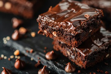 Wall Mural - Chestnut brownies with chocolate icing focusing on black background