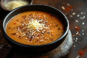 Poster - Chestnut soup with cheese and spices in black bowl on dark background