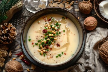 Sticker - Chestnut soup with coconut chili lemongrass and pine nuts