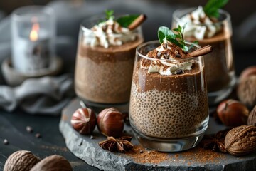 Wall Mural - Chia pudding dessert with chocolate cream in a glass