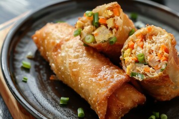 Chicken egg rolls made from mixed minced chicken with tapioca carrots scallions and eggs then rolled steamed and fried