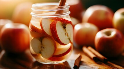 Wall Mural - Apple Cinnamon Infused Water, Thin apple slices and cinnamon sticks floating in water for a subtly sweet and spicy drink.