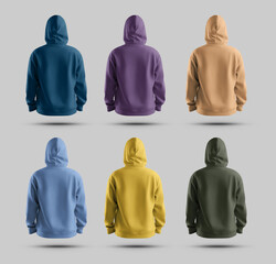 Sticker - Mockup of colorful oversized hoodie with large hood, back view, 3D rendering, set of clothes isolated on background.