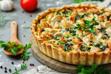 Sticker - Chicken quiche with chard and wooden spoon on soft backdrop