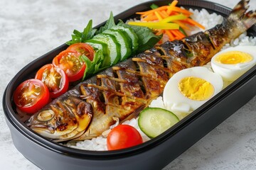 Child s lunch bento with grilled fish egg rice veggies