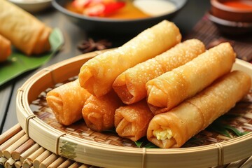 Sticker - Chinese family snack for celebrations like New Year Mid Autumn Dongzhi and Lantern Festival Waffle Egg Rolls on Bamboo Plate