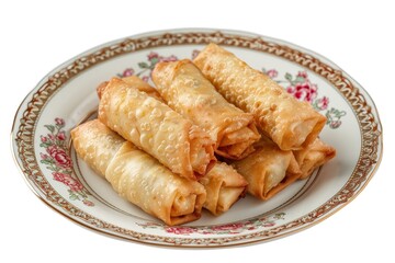 Sticker - Chinese spring rolls in ceramic plate on white background