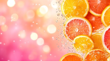 Wall Mural - Citrus spritzer with fresh orange, lemon, and grapefruit slices floating in sparkling water, vintage style, warm tones, watercolor illustration, refreshing and vibrant.