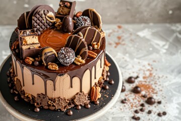 Canvas Print - Chocolate cake covered in various toppings including truffles sweets cookies nuts caramel and melted chocolate