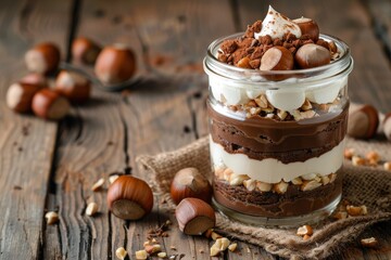 Canvas Print - Chocolate mousse dessert with cream cheese chestnut puree whipped cream and hazelnuts in a glass jar on wooden background