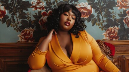 A plus-size woman confidently posing in stylish attire, promoting body positivity.