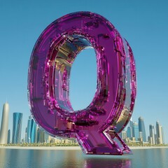 Wall Mural - Glass letter Q in front of a cityscape.