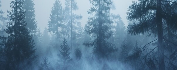 Poster - Tall pines in a foggy forest, 4K hyperrealistic photo