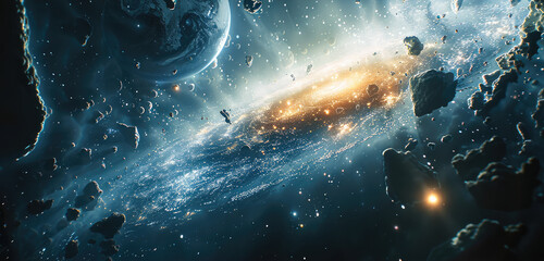 Aufkleber - The galaxy with planets and meteorites. Generative AI.