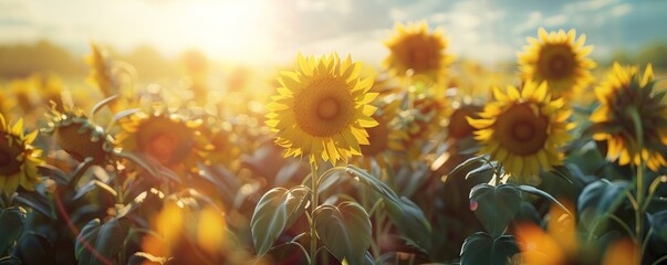 Canvas Print - Brilliant sunshine illuminating a field of sunflowers in full bloom, 4K hyperrealistic photo