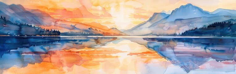 Poster - Watercolor Painting of Mountain Lake Sunset