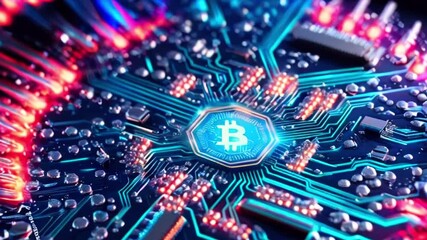 Poster - A close-up of a circuit board with a glowing Bitcoin symbol in the center, surrounded by red and blue lights.