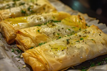 Canvas Print - Classic Greek Spanakopita Phyllo layers with spinach feta onions garlic herbs baked golden