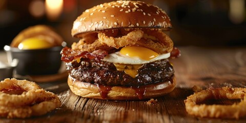 Sticker - Triple beef burger with melted cheese egg and onion rings on a wooden table