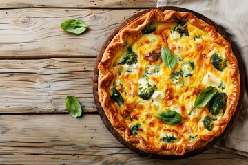 Poster - Classic Quiche Lorraine with cheese broccoli spinach chicken French dish Top view Wooden background