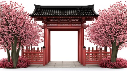 A traditional Japanese garden gate framed by blooming cherry trees, isolated, on white background