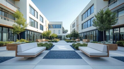 Poster - A modern minimalist assisted living building courtyard, whites and dark navy blue, natural lighting. Generative AI.
